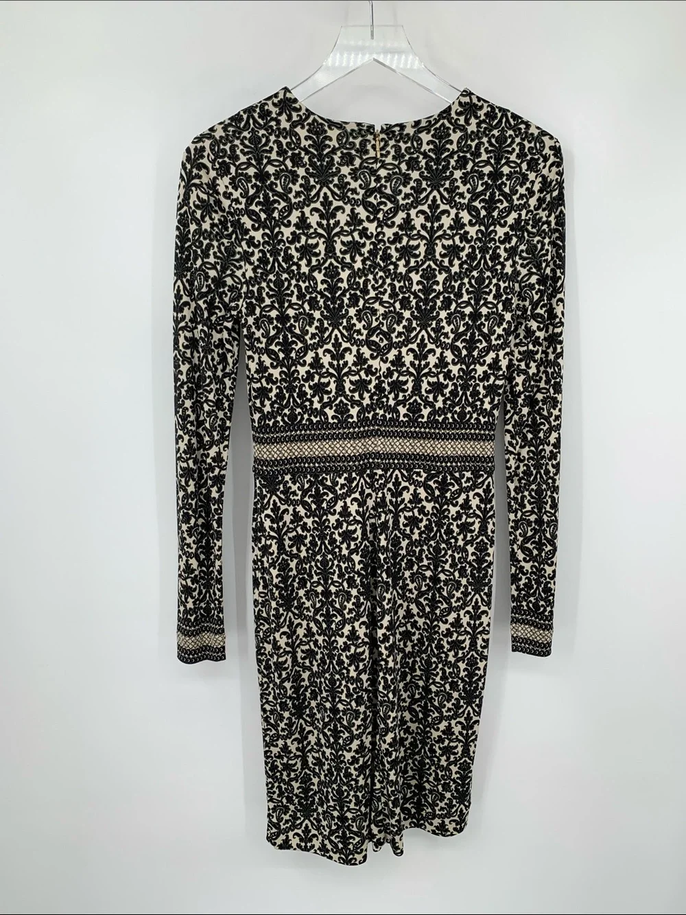 Tory Burch Damask paisley silk jersey shift dress black white pattern Small